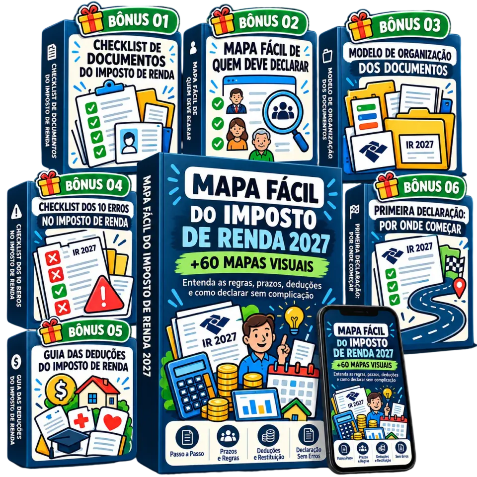 Kit completo: Mapa Fácil do Imposto de Renda 2027 e 6 bônus exclusivos